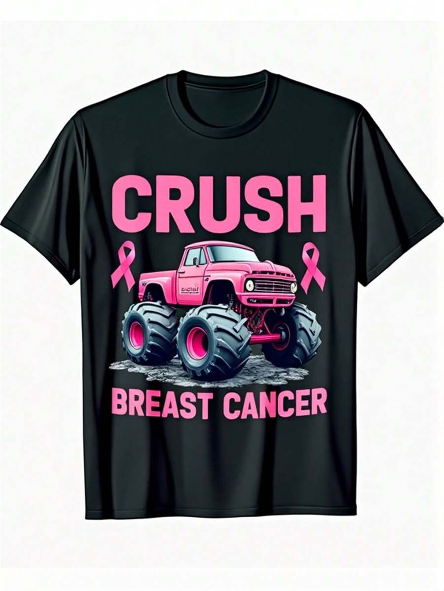 Crush Breast Cancer Awareness Pink T-Shirt Compatible For Women & Men - BCAM Charity, Comfort Fit Breathable Soft Fabric With Slight Stretch, Casual Short Sleeve Top For Charity Events & Casual Attire, Unisex Apparel 220g - Black - View 1
