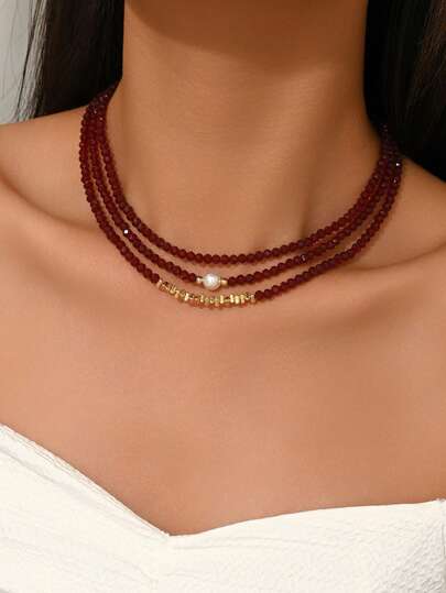 3pcs Elegant Luxury Asymmetrical Glass Bead & Faux Pearl Necklace Set, Versatile For Women's Daily, Casual, Party, Music Festival Wear, Valentine's Day Gift