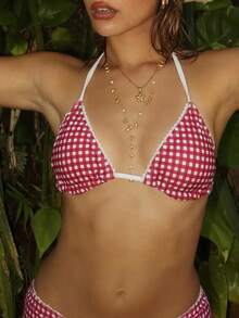 2 Piece Bikini Set For Women Y2K Striped Bathing Suit Backless Halter Triangle Bikini Top Drawstring Bottoms Swimsuits - Pink - View 2