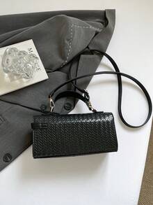 New Solid Color Woven Diagonal Zipper Crossbody Bag, Shoulder Bag, Baguette Bag, Evening Bag, Party Bag - Black - View 11