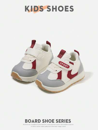 1双儿童鞋，撞色线条装饰，合成革和织物材质，圆头设计，低帮，魔术贴搭扣，平底款式，复古休闲风，适合日常穿着、亲子外出等场合。[请根据实际厘米尺寸选择尺码]