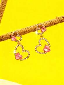1 Pair Pink Hollow Heart Earrings, Elegant Pink Crystal Heart Shaped Simple Earrings, Spring/Summer - Style 1 - View 6