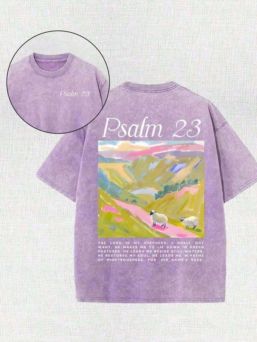 2026 New Arrival Summer Unisex "Psalm 23" Landscape Graphic T-Shirt,Double-Sided Bible Verse Print Oversized Top For Christian Faith & Casual Outfits - 紫色 - 查看 1