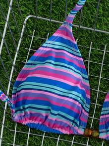 Bộ bikini sọc buộc dây cổ yếm thời trang mới dành cho nữ, bao gồm áo tam giác và quần bikini, thích hợp cho kỳ nghỉ hè trên bãi biển. - Xanh đậm - Xem 7