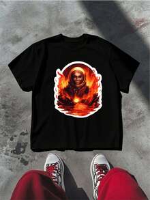 T-Shirt mit Astronautenfeuer-Grafikprint, Premium-Material, Street Hip-Hop, bequem, strapazierf?hig, Statement-Print - Schwarz - Übersicht 2
