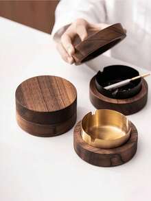 1pc Stainless Steel & Wood Creative Covered Ashtray For Home & Office Use - Multicolor - View 1