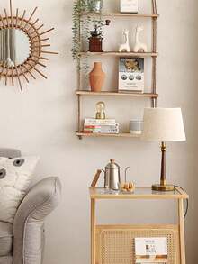1pc (With Hook) Wall Hanging Decorative Rope Shelf, No Drill Needed, Macrame Rope Shelf, Wooden Book Shelf, Wall Decor Rack, Floating Shelf For Living Room - Apricot - View 4