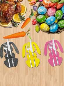 12 Stücke Osterhasen Besteckhalter Set - Filz Besteckaufbewahrungstasche, bunte Cartoon Hase Messer & Gabel Beutel für Dining, Küche und Frühlings Oster Party Dekoration - Verschiedenfarbig - Übersicht 2