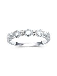 1pc 925 Sterling Silver Shiny Cubic Zirconia Hollow Honeycomb Design Ring, Suitable For Women's Daily Wear - Silver - View 1