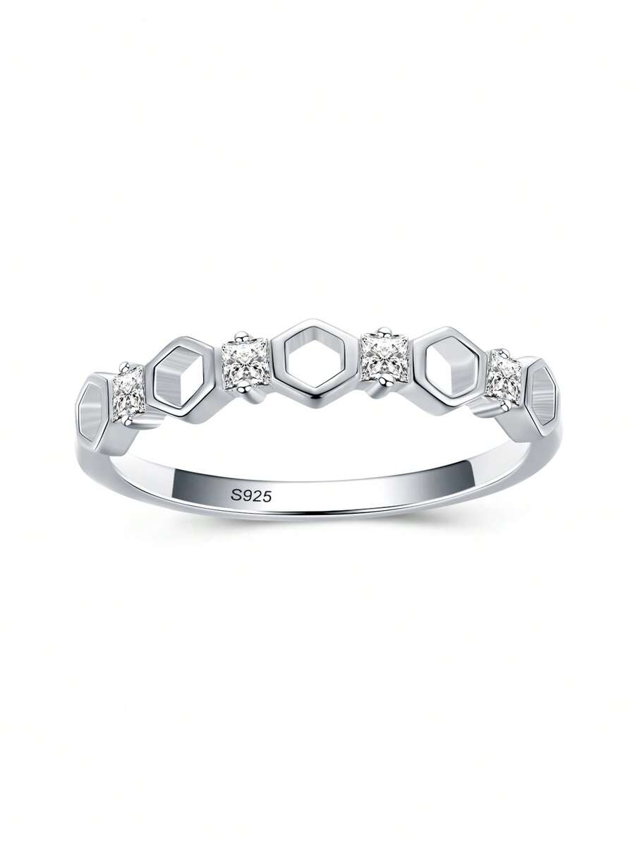 1pc 925 Sterling Silver Shiny Cubic Zirconia Hollow Honeycomb Design Ring, Suitable For Women's Daily Wear - Silver - View 1