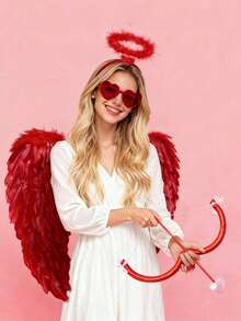 1件/4件套丘比特服装道具，爱神红色羽毛翅膀，心形太阳镜，弓箭，光环头箍套装，适合节日活动、主题派对、化装舞会拍照道具 - 紅色 - 查看 6