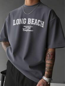 2025 男士夏季字母印花圆领短袖休闲T恤 - 深灰色 - 查看 1