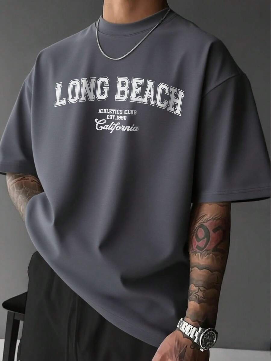 2025 男士夏季字母印花圆领短袖休闲T恤 - 深灰色 - 查看 1