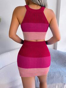 European & American Fashion Contrast Color Cropped Top And Bodycon Mini Skirt Sweater Set, Spring/Summer Pink - Pink - View 2