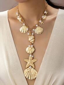 1件波西米亚风贝壳、海星和珍珠Y形项链，适合海滩度假和日常佩戴 - 金黃色 - 查看 1