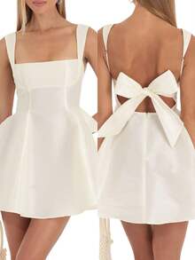 Women's Sexy Backless Tank Dress Square Neck Sleeveless Bow Knot Tie Back Bodycon Satin Flowy A Line Mini Dresses Elegant Solid Color Party Graduation Dress Club Night Short Dress Birthday Dresses For Women Princess White Dresses For Women Bride Dress - trắng - Xem 2