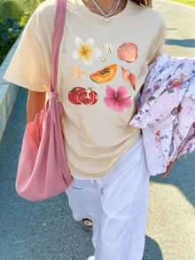 Women's Summer New Simple Slogan Print Casual Vacation Style Loose Fit Round Neck Short Sleeve T-Shirt, Fashionable Everyday Top, Suitable For Daily And Vacation Wear. Women's T-Shirt Top. - Apricot - View 7