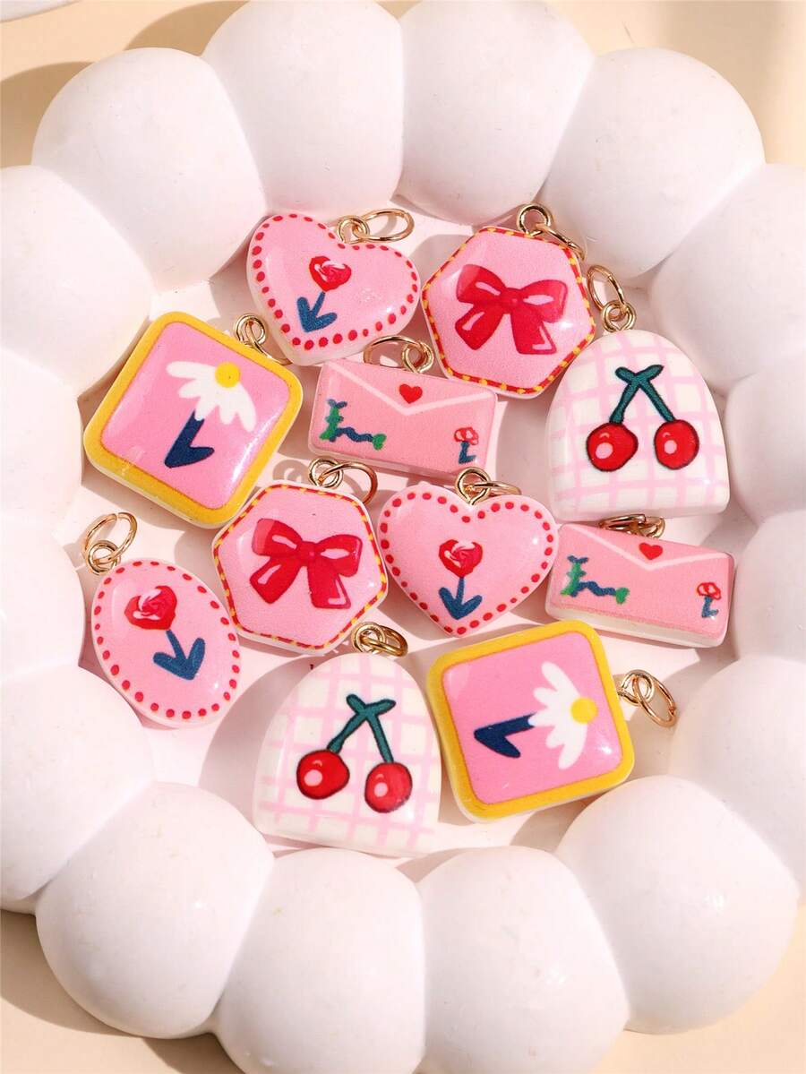 1件甜美浪漫粉色花朵、心形、樱桃吊坠项链，可爱信封蝴蝶结装饰首饰礼品