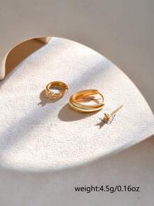 Nooxian 3pcs/Set Fashionable & Elegant Clover, Single Diamond, Geometric Oval Hoop Earrings, Suitable For Daily Wear And Vacation - Yellow Gold - View 5