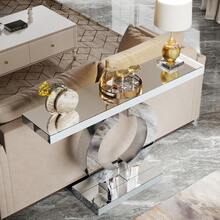 LITTLE TREE 43" Modern Mirrored Console Table, Glass Mirror Finish Entryway Table, O-Shaped Base Rectangular Accent Table For Living Room Hallway Foyer - Silver - View 8