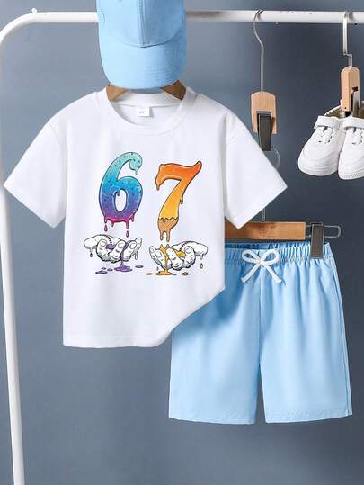 2pcs/Set Young Boy Casual Fashion Street Daily Commute Digit Hand Gesture Print Short Sleeve T-Shirt And Shorts Set, Summer
