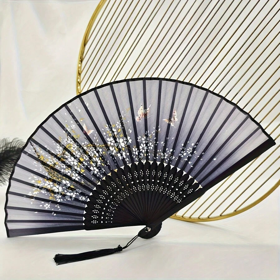 LERDU Women's Handheld Folding Fan 1 Piece Foldable Paper Fan Party Wedding Home Decoration Fan - 黑色 - 查看 1