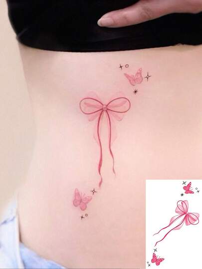 1pc Washable Pink Bowknot Pattern Temporary Tattoo, Sweet & Youthful Waist Decor, Waterproof & Sweat-Resistant, Lasting Pastel Decorative Tattoo Sticker, Ins Style