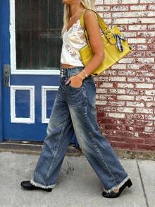 Jeans rectos de tiro bajo lavados para mujer, de corte holgado, casuales para ir al trabajo y uso diario, Día de San Valentín - Azul desgastado - Ver 5