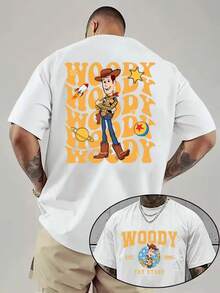 1 Disney Toy Story Cartoon Men's T-Shirt-Cartoon Pattern, Dark Background, Breathable Light Fabric, Regular Round Neck And Short Sleeves, Necessary For Birthday Parties, Exclusive To Racing Fans-Official Disney Pixar Movie Peripheral Gifts, Summer Costumes, Interesting Design, Comfortable To Wear. - White - View 1