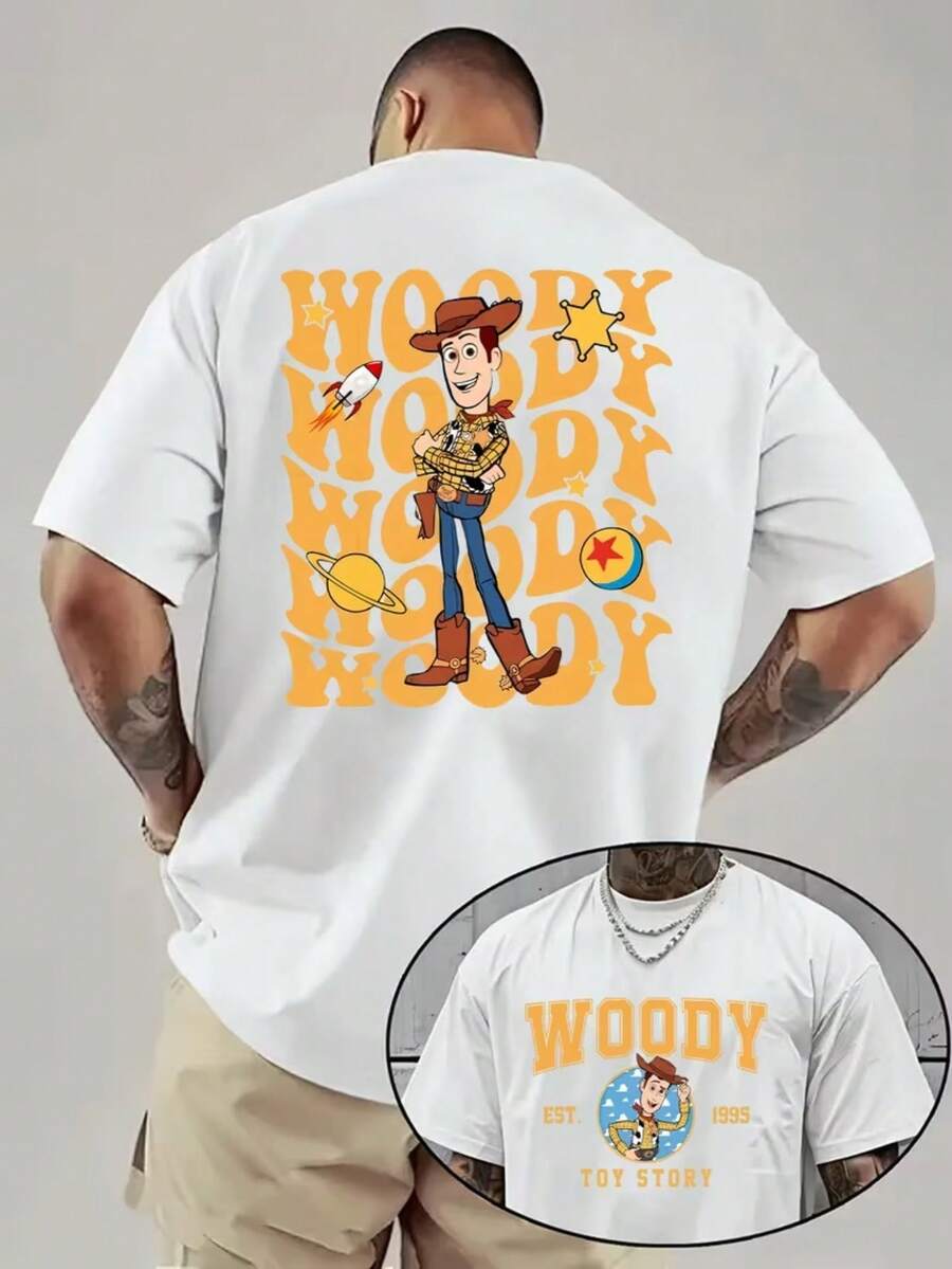 1 Disney Toy Story Cartoon Men's T-Shirt-Cartoon Pattern, Dark Background, Breathable Light Fabric, Regular Round Neck And Short Sleeves, Necessary For Birthday Parties, Exclusive To Racing Fans-Official Disney Pixar Movie Peripheral Gifts, Summer Costumes, Interesting Design, Comfortable To Wear. - White - View 1