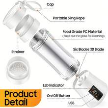 Portable USB Rechargeable Blender For Smoothies, Shakes, And Juices - 380ml Personal Size With 6 Blades, Perfect For Travel, Gym, And Outdoor Activities - trắng - Xem 7