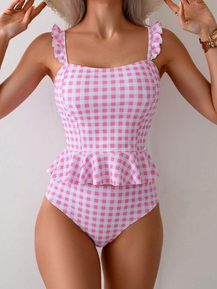 Women's Cute Elegant Pink Gingham Ruffle Square Neck Tankini Set With Backless Bottom Bikinis - Hồng - Xem 1