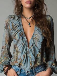 复古法式度假风优雅雪纺印花深V领拉链荷叶边灯笼袖女式衬衫，全身印花褶皱荷叶边/荷叶边薄纱度假夏季 - 薰衣草藍 - 查看 6