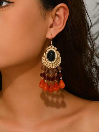 1 Pair Vintage Elegant Bohemian Style Peacock Resin Inlaid Gold Tassel Dangle Earrings, Suitable For Special Occasions, Sexy Party, Holiday Gifts Like Thanksgiving, Valentine's Day. New Teardrop Resin Tassel Styles Available, Each Resin Piece Has Unique Patterns, Some Mold Marks May Be Present After Demolding, Which Is Normal.