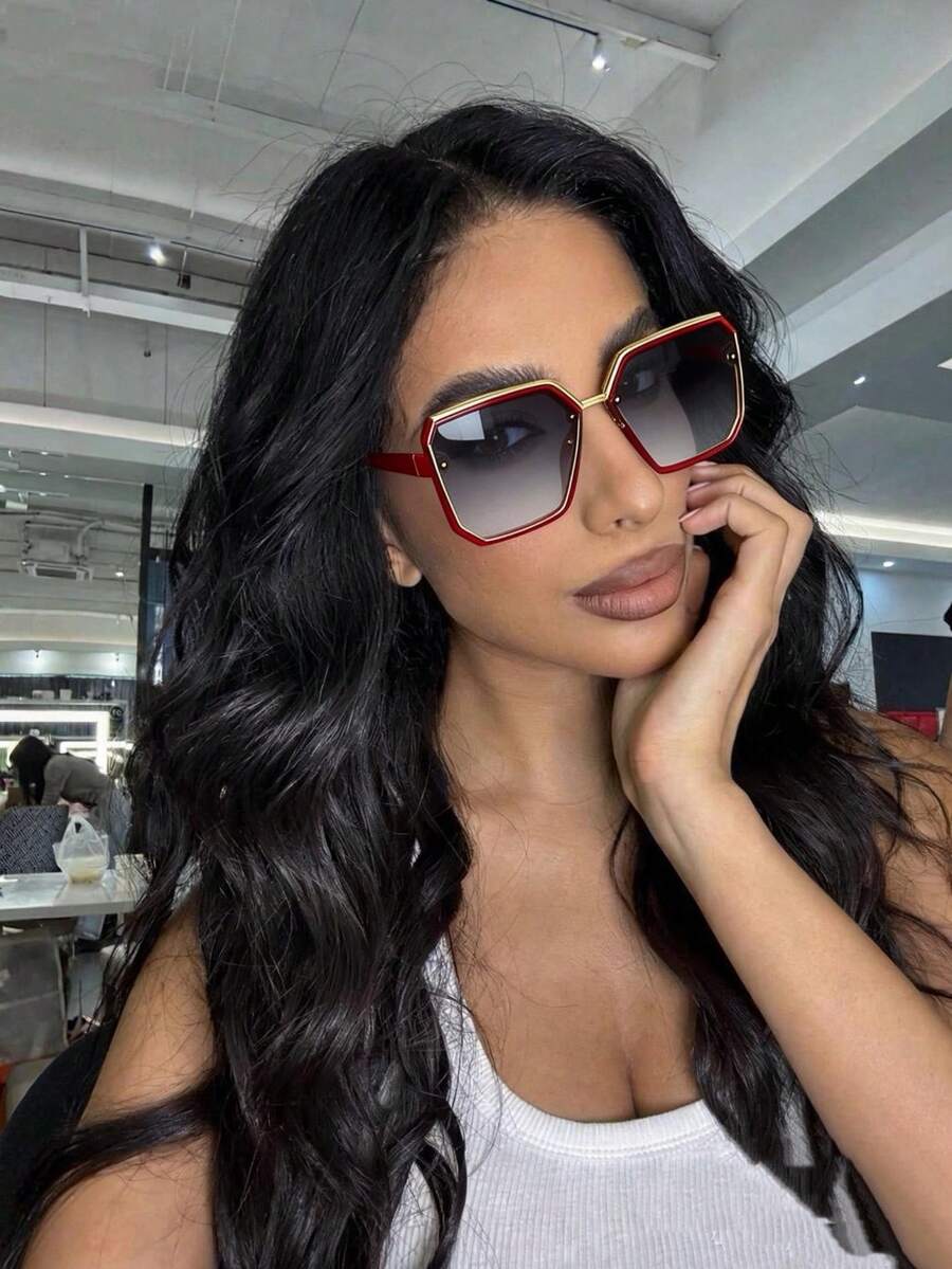 1pc Women's Large Frame Ombre Glasses, Fashion Street Style Accessory - Red - View 1