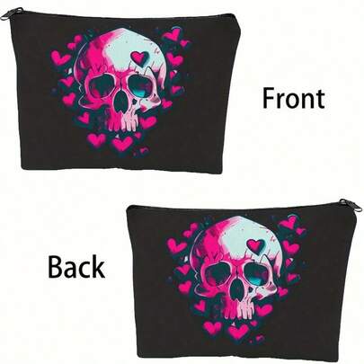 Valentine's Day Gift, Skull + Pink Heart Pattern Ladies' Toiletry Bag, Suitable For Parties And Events, Packing Elegance And Love In Your Pocket. Can Also Be Used As A Stylish Halloween Makeup Bag. This Bag Can Hold Passport, Phone, Cosmetics And More, Ensuring Organized Travel And Daily Use.
