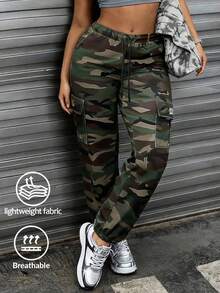 Hidkat Women's Camouflage Casual Cargo Pants, Featuring Large Patch Pockets, An Elastic Drawstring Waistband, And Ankle-Cuffed Design, Suitable For Daily Outdoor Casual Wear. - 軍綠色迷彩 - 查看 2