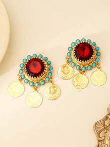 2pcs Fashion Fringed Gold Coin Brooch, Featuring Three-Dimensional Rhinestones And Imitation Turquoise Decorations. Suitable For The Middle East Region (Saudi Arabia, Kuwait). Suitable For Women To Wear On A Daily Basis, During Festivals, Or At Wedding Occasions. - Brooch - View 3
