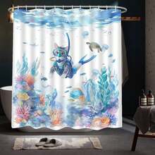 1pc Swimming Cat Shower Curtain - Cute Diving Cat & Coral Reef Print With Marine Life (Turtles, Fish) - Blue Ocean Theme Bathroom Decor, Fabric Bath Tub Curtain With Hooks, 70.8x70.8 Inches - White - View 1