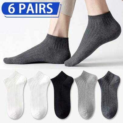 6 par herr enfärgade fotledsstrumpor, andningsbara tunna fritidsstrumpor för sommaren, svarta randiga enkel design