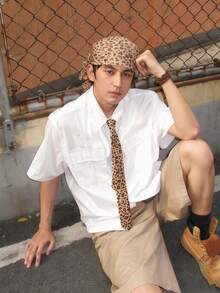 2PCS Leopard Print Narrow Scarf Set: Long Neck Scarf, Leopard Print Headband, Square Scarf, Neck Protector, Sun Protection Silk Scarf Combination Unisex College Style Y2K Coordinated Headband And Tie Set - Multicolor - View 3