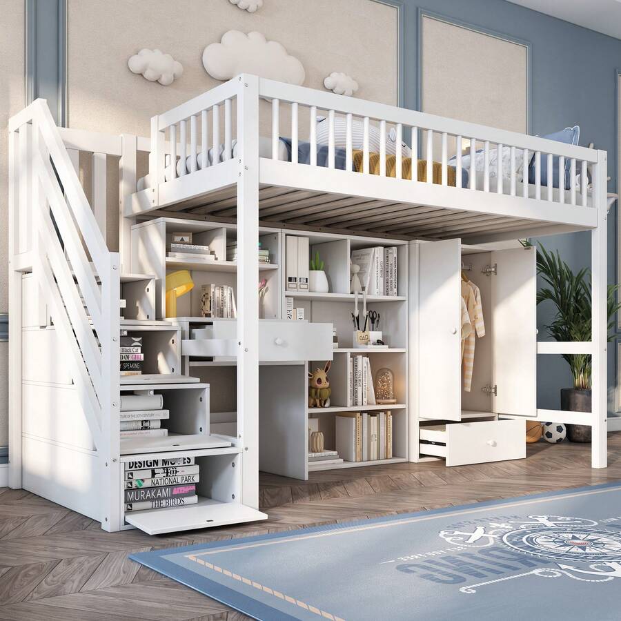 Children's Bed, Single Bed, Multifunctional Children's Bed, With Desk, Stairs, Lockers And Wardrobe, Without Mattress, Solid Wood And MDF, White, 90*200 [OLD REFERENCE: 3221289012AAW] - White + Solid Wood + Medium-density Fiberboard - View 1