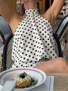 Đầm mini chấm bi buộc dây cổ yếm hở lưng gợi cảm thanh lịch dành cho nữ, chất liệu vải dệt, thích hợp mặc đi nghỉ mát và hàng ngày, màu trắng mùa hè. - trắng - Xem 8