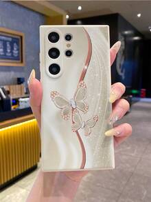 适用于安卓手机 S25 Ultra、S24 Ultra、S23 Ultra、S22 Ultra/Redmi 12、Note 13 系列的 1 件装，奢华时尚简约米色金属蝴蝶图案软硅胶防震防指纹手机壳 - 米色 - 查看 4