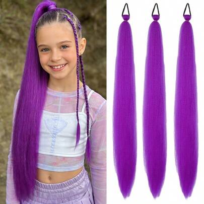 3 chiếc tóc giả đuôi ngựa thẳng ombre tổng hợp dài 26 inch, có dây chun co giãn, thích hợp để tự làm tóc giả tết bím, phù hợp cho trẻ em sử dụng hàng ngày, Halloween, Giáng sinh, các bữa tiệc hóa trang năm mới.