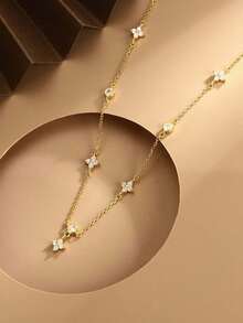 1pc S925 Sterling Silver Necklace, Fashion Floral & Clover Cubic Zirconia Pendant, Minimalist Dainty Clavicle Chain, Jewelry Gift For Women, Mother, Girlfriend, Friend, Daily Wear - Gold - View 5