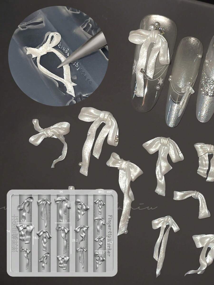 1个3D蝴蝶结硅胶美甲模具，美甲蝴蝶结雕塑模具，DIY丝带蝴蝶结美甲饰品，硅胶模具，可爱蝴蝶结美甲模板，可重复使用的美甲雕刻模具，树脂模具 - 彩色 - 查看 1