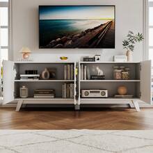 HWB TV Stand With 2 Storage Cabinet For Living Room, Large Entertainment Center With Wave-Patterned Design, Console Table With Ajustable Shelf For 55"-75" TV For Furniture Set-White - trắng - Xem 5