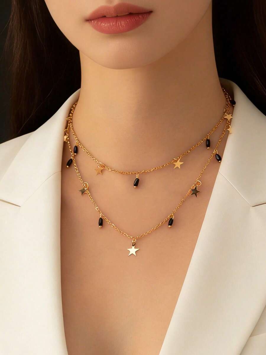1件波西米亚风双层星星吊坠项链，精致简约的女士项链，适合日常、约会、派对等场合。 - 星星 - 查看 1