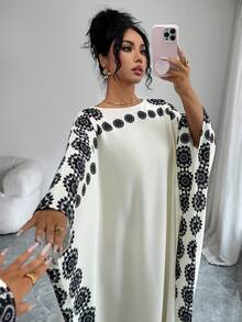 Middle Eastern Bohemian Style Modest Floral Print Vacation Beach Arabic Dress - White - View 6